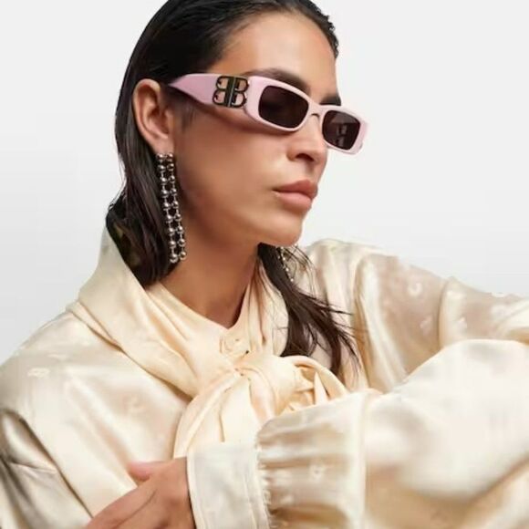 NEW Balenciaga BB0096S 012 Pink Silver Logo Grey Rectangle Unisex Sunglasses - Picture 1 of 13
